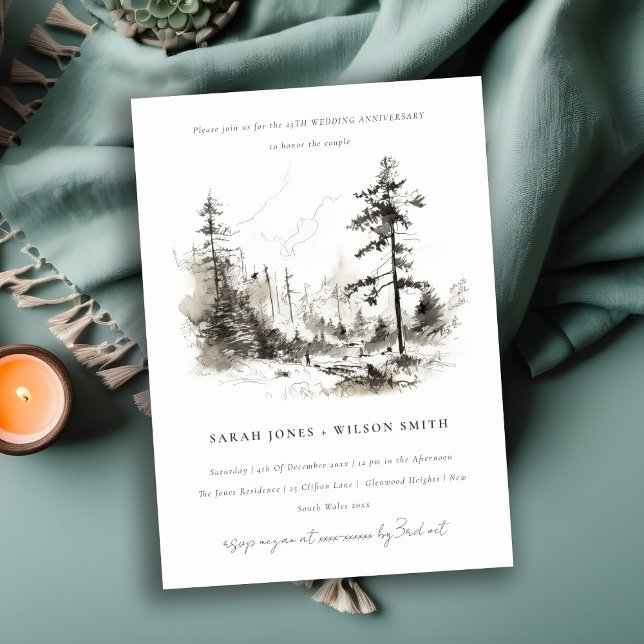 Invitación Aniversario del Boda de Esbozo de Paisaje de Pine  (Subido por el creador)