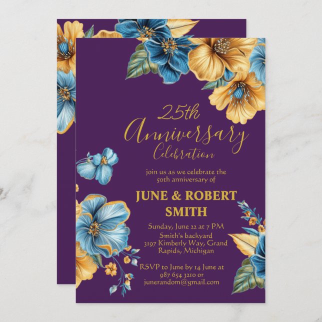 Invitación Aniversario del boda de Golden Blue (Anverso / Reverso)