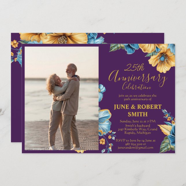 Invitación Aniversario del boda de Golden Blue (Anverso / Reverso)