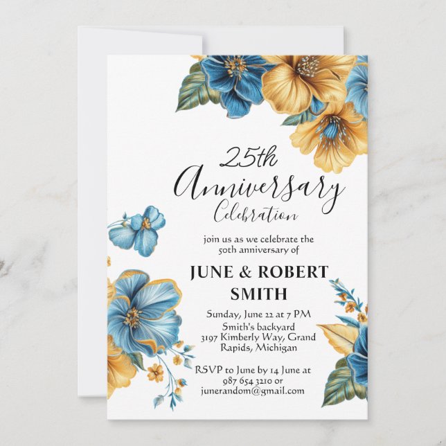 Invitación Aniversario del boda de Golden Blue (Anverso)