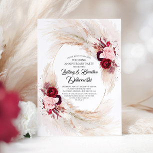 Invitación Aniversario del Boda de hierba de Borgoña Floral P