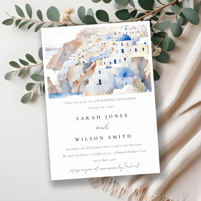 Invitación Aniversario del Boda de la acuarela de Santorini G (Subido por el creador)