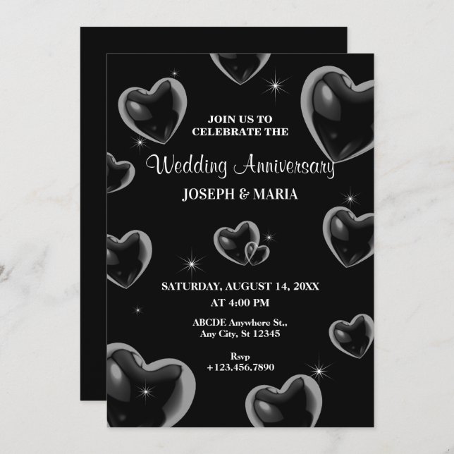 Invitación Aniversario del Boda de la burbuja del Corazón Neg (Anverso / Reverso)