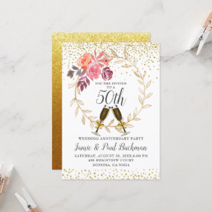 Invitación Aniversario del Boda de la floral Wreath Gold Purp