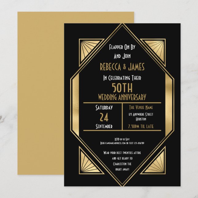 Invitación Aniversario del Boda de Oro Art Deco de 50 años (Anverso / Reverso)