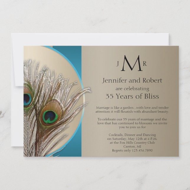Invitación Aniversario del Boda de pavo real de Taupe Aqua (Anverso)