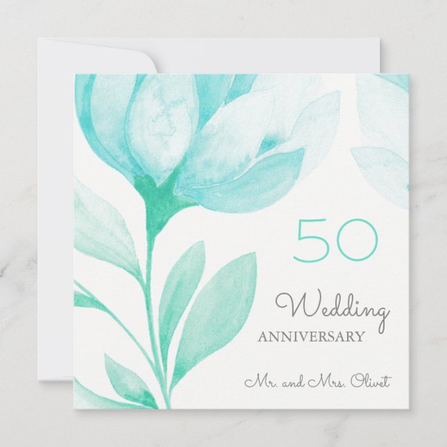 Invitación Aniversario del Boda de Peonies verde azulados 50  (Anverso)