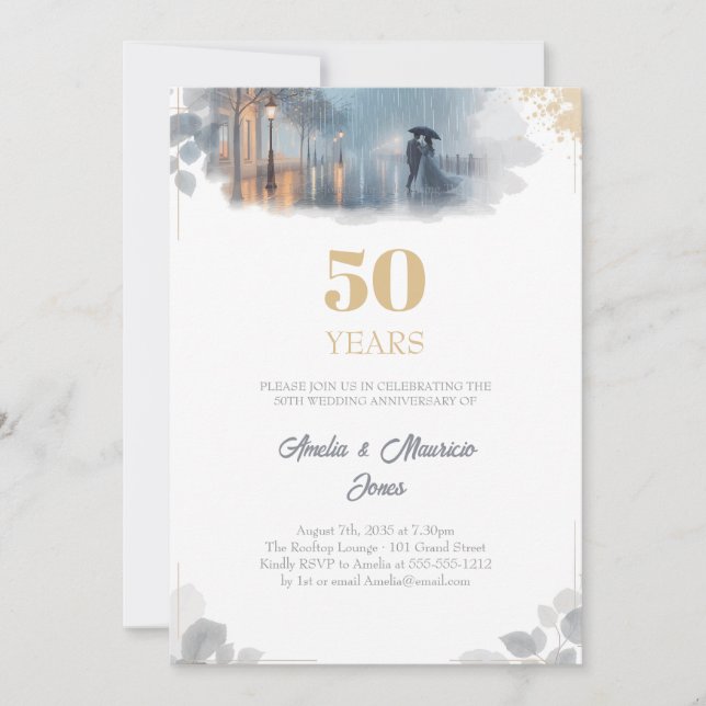 Invitación Aniversario del boda de Rain Dorado Romance (Anverso)