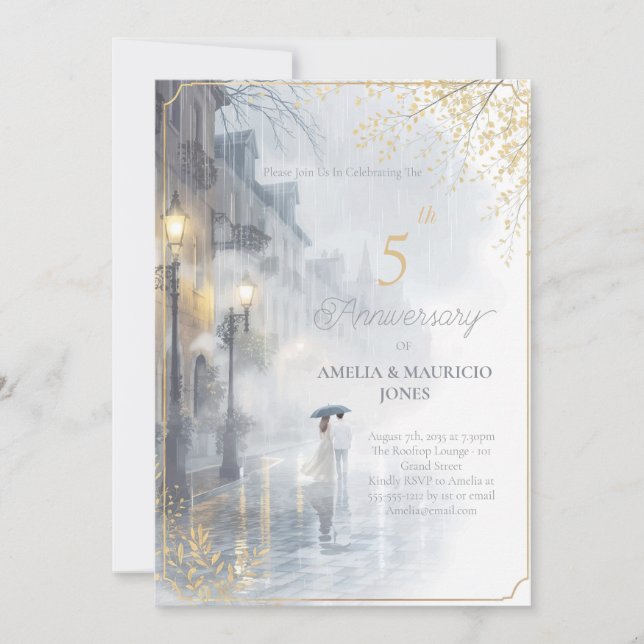 Invitación Aniversario del boda de Rain Dorado Romance (Anverso)