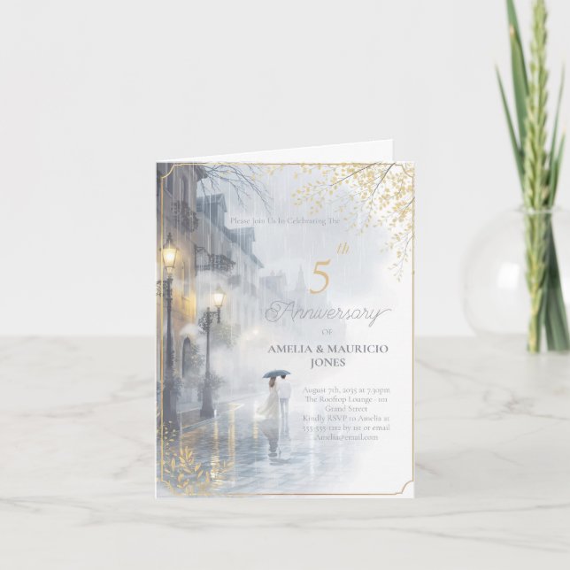 Invitación Aniversario del boda de Rain Dorado Romance (Anverso)