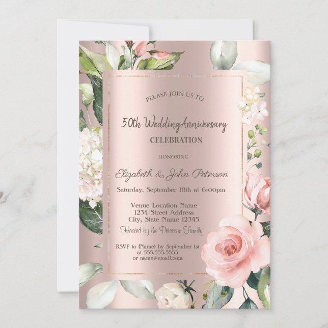 Invitación Aniversario del Boda de Rosas Rosas de Oro de purp (Anverso)