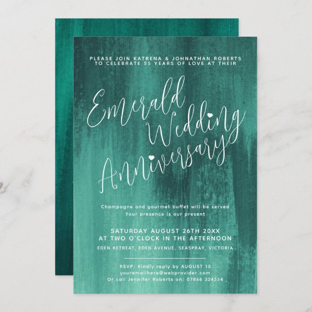 Invitación Aniversario del boda del arte abstracto verde esme (Anverso / Reverso)