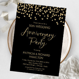 Invitación Aniversario del boda del confetti de oro negro