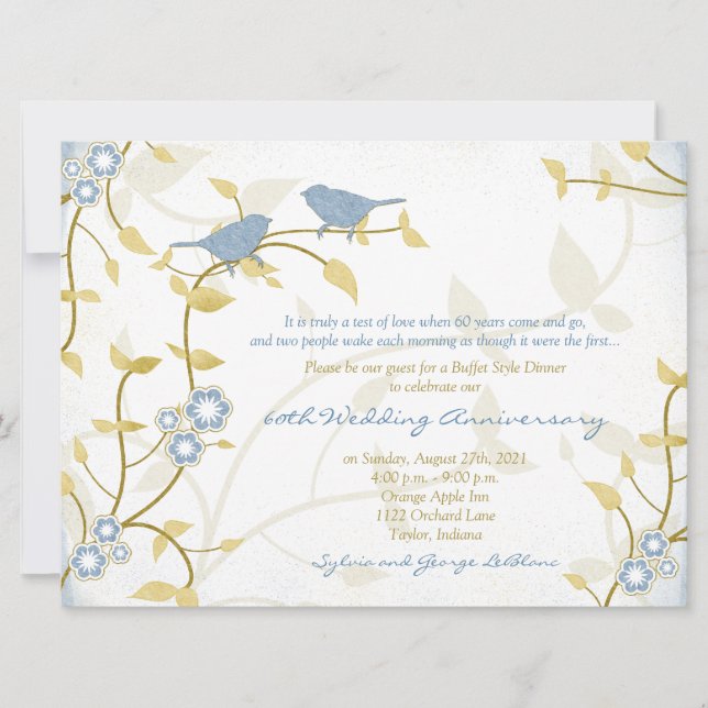 Invitación Aniversario del Boda del Diamante Blue Gold Birds (Anverso)