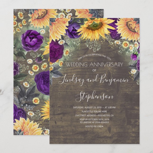 Invitación Aniversario del Boda del girasol y el Rosa morado (Anverso / Reverso)