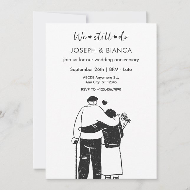 Invitación Aniversario del boda del ilustracion de pareja de  (Anverso)