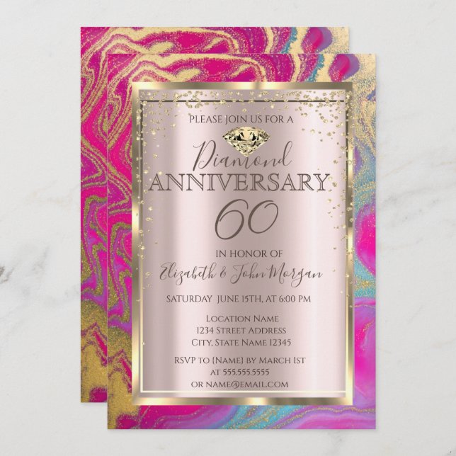 Invitación Aniversario del Boda del Purpurina de Mármol (Anverso / Reverso)