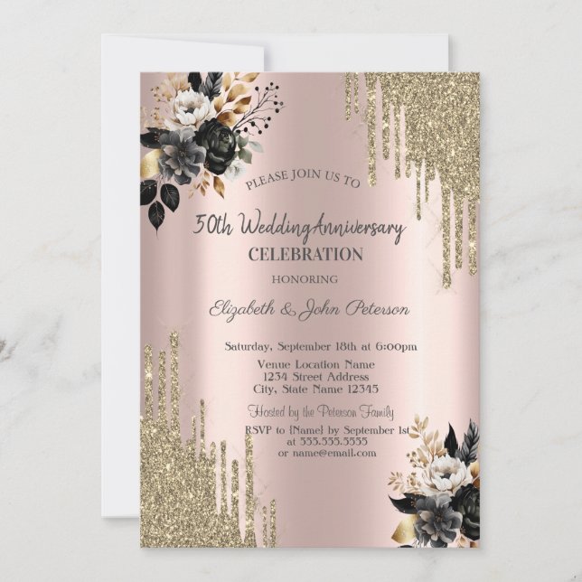 Invitación Aniversario del Boda del Purpurina de Rosas negros (Anverso)