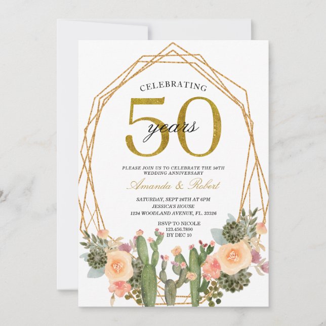 Invitación Aniversario del Boda Dorado de Cactus Floral de 50 (Anverso)