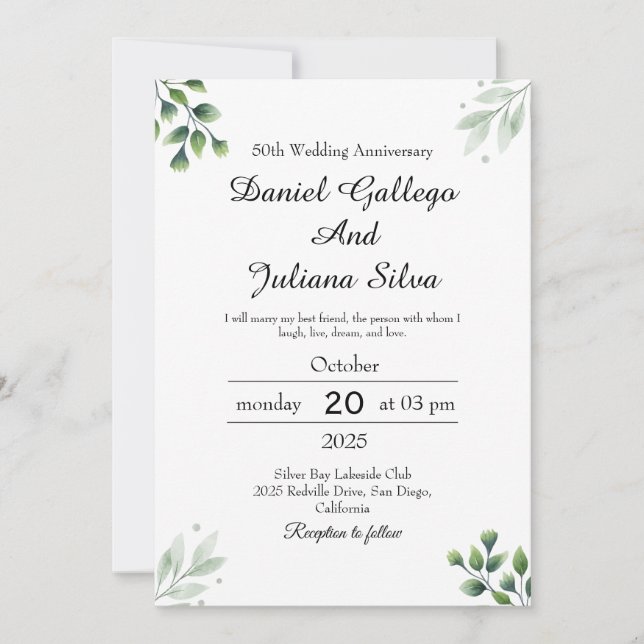 Invitación Aniversario del Boda estándar de la hoja verde (Anverso)