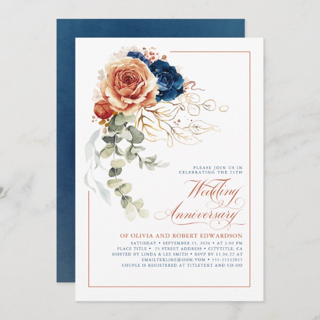 Invitación Aniversario del Boda Floral Azul de Terracota y Ma (Anverso / Reverso)