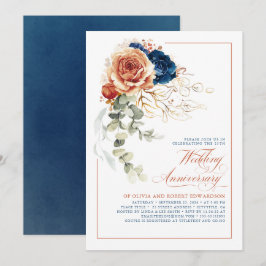 Invitación Aniversario del Boda Floral Azul de Terracota y Ma