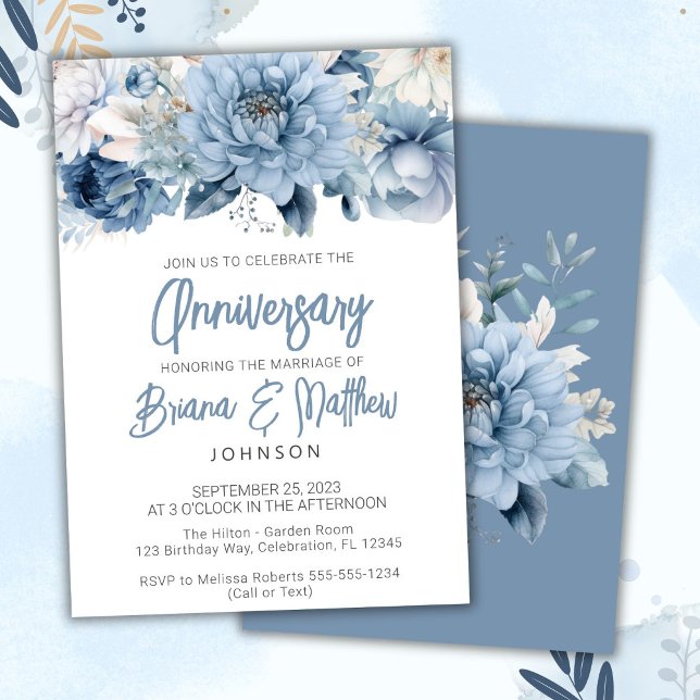Invitación Aniversario del Boda Floral Azul Dusty (Subido por el creador)