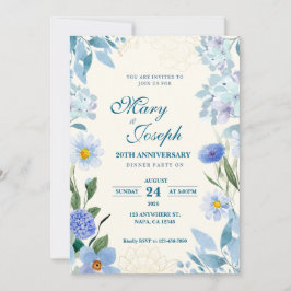 Invitación Aniversario del Boda floral azul y blanco