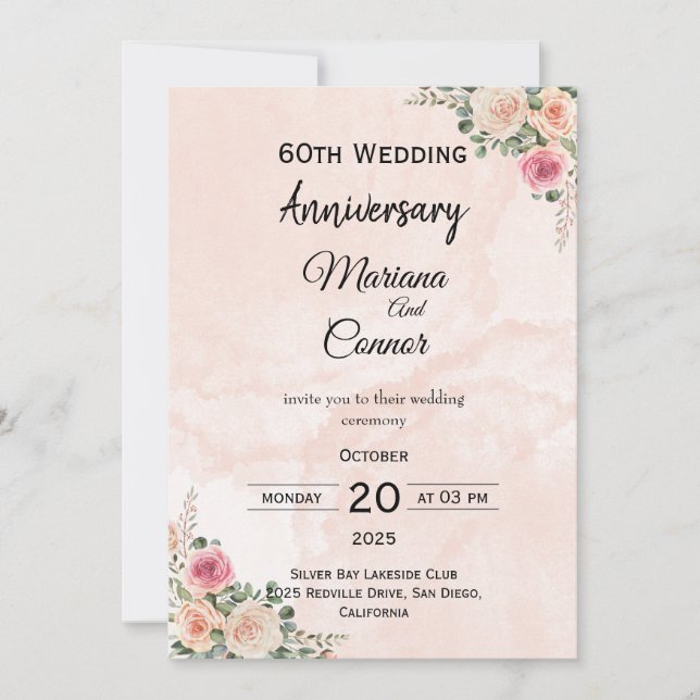 Invitación Aniversario del Boda floral de Crema Rosa (Anverso)