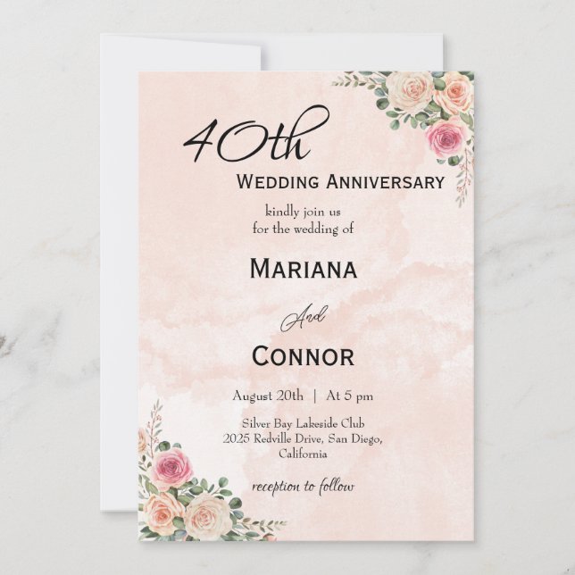 Invitación Aniversario del Boda floral de Crema Rosa (Anverso)