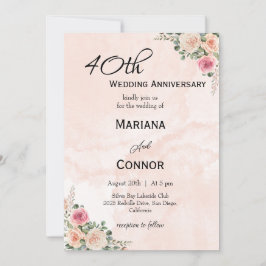 Invitación Aniversario del Boda floral de Crema Rosa