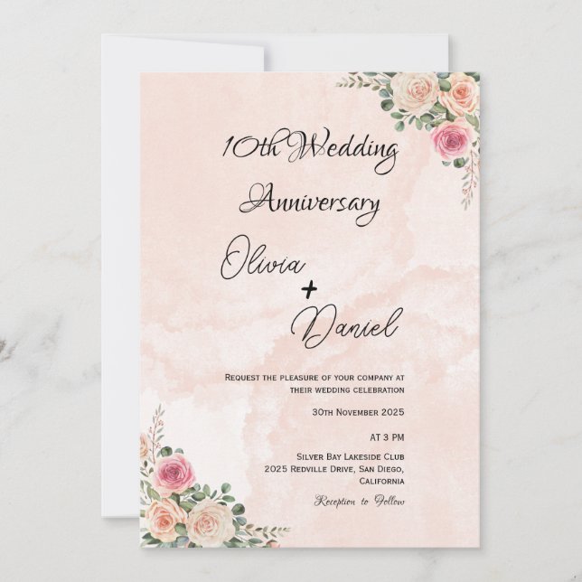 Invitación Aniversario del Boda floral de crema rosa suave (Anverso)