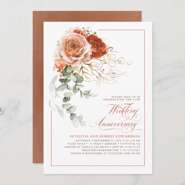 Invitación Aniversario del Boda floral de Naranja quemado en  (Anverso / Reverso)