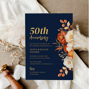 Invitación Aniversario Del Boda Floral De Terracota Y Marina