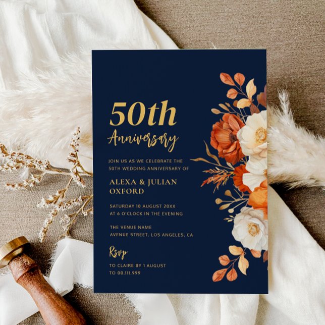 Invitación Aniversario Del Boda Floral De Terracota Y Marina (Subido por el creador)
