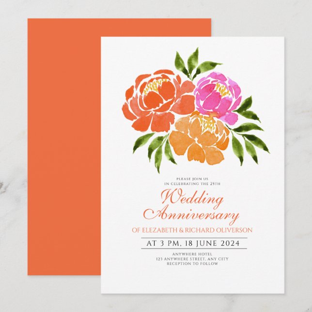 Invitación Aniversario del Boda floral del Naranja rosado cal (Anverso / Reverso)