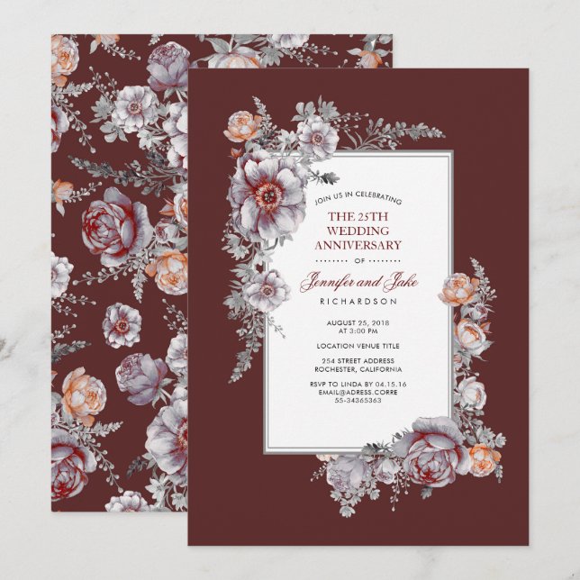 Invitación Aniversario del Boda floral rojo de Borgoña (Anverso / Reverso)