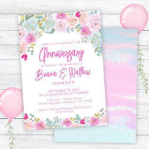 Invitación Aniversario del Boda floral rosa azul