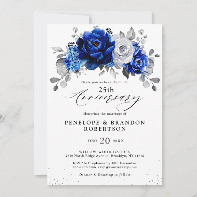 Invitación Aniversario del Boda floral Royal Blue White Silve (Anverso)
