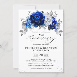 Invitación Aniversario del Boda floral Royal Blue White Silve