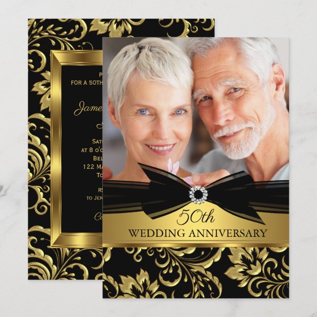 Invitación Aniversario del boda Foto de Damasco de oro negro (Anverso / Reverso)