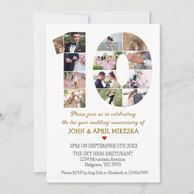 Invitación Aniversario del Boda fotográfico Número 10 Persona (Anverso)
