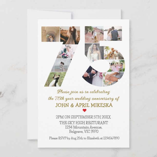 Invitación Aniversario del Boda fotográfico número 75 Persona (Anverso)