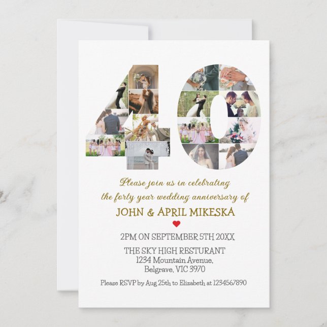 Invitación Aniversario del Boda fotográfico número cuarenta P (Anverso)