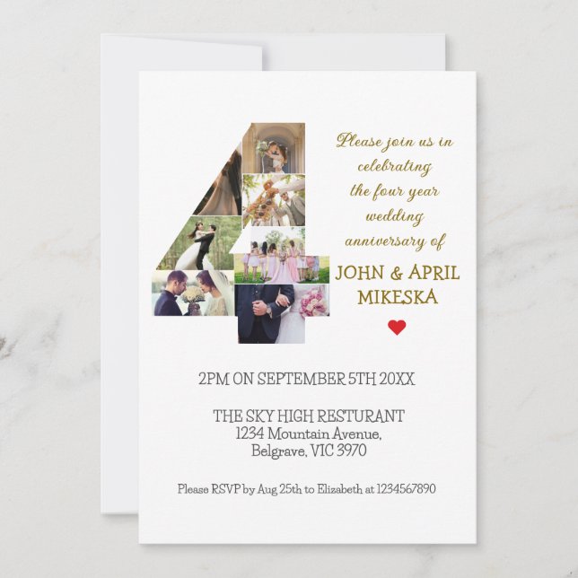 Invitación Aniversario del Boda fotográfico número cuatro Per (Anverso)