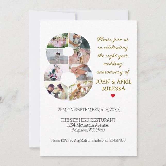 Invitación Aniversario del Boda fotográfico número ocho Perso (Anverso)