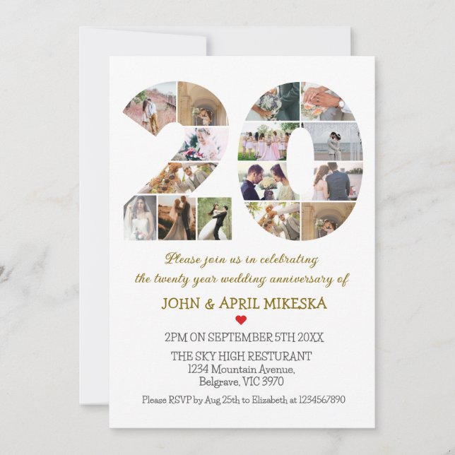 Invitación Aniversario del Boda fotográfico Número Veinte Per (Anverso)