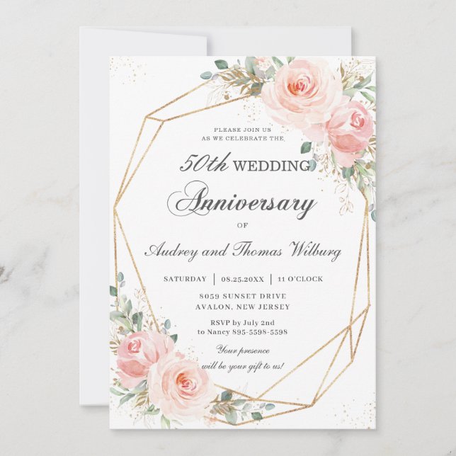 Invitación Aniversario del Boda Geométrico Floral Rosa Rubor (Anverso)