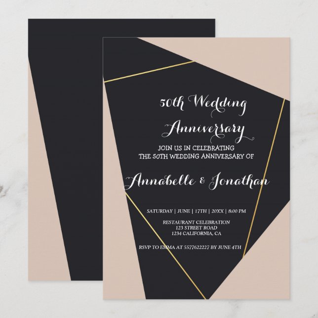 Invitación Aniversario del Boda geométrico rosa negro y dorad (Anverso / Reverso)