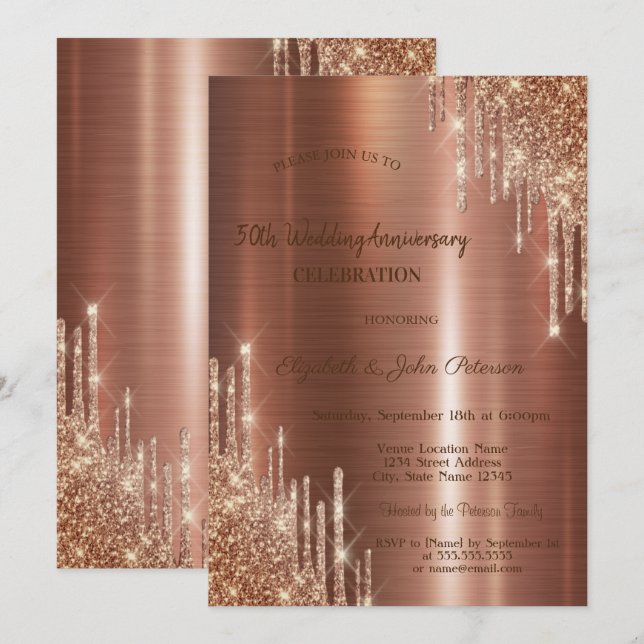 Invitación Aniversario del Boda metálico de purpurinas (Anverso / Reverso)